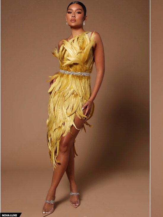 Fashion Nova Dresses & Skirts - Fashion Nova Chartreuse Feather One-Shoulder Dress with Crystal Waist